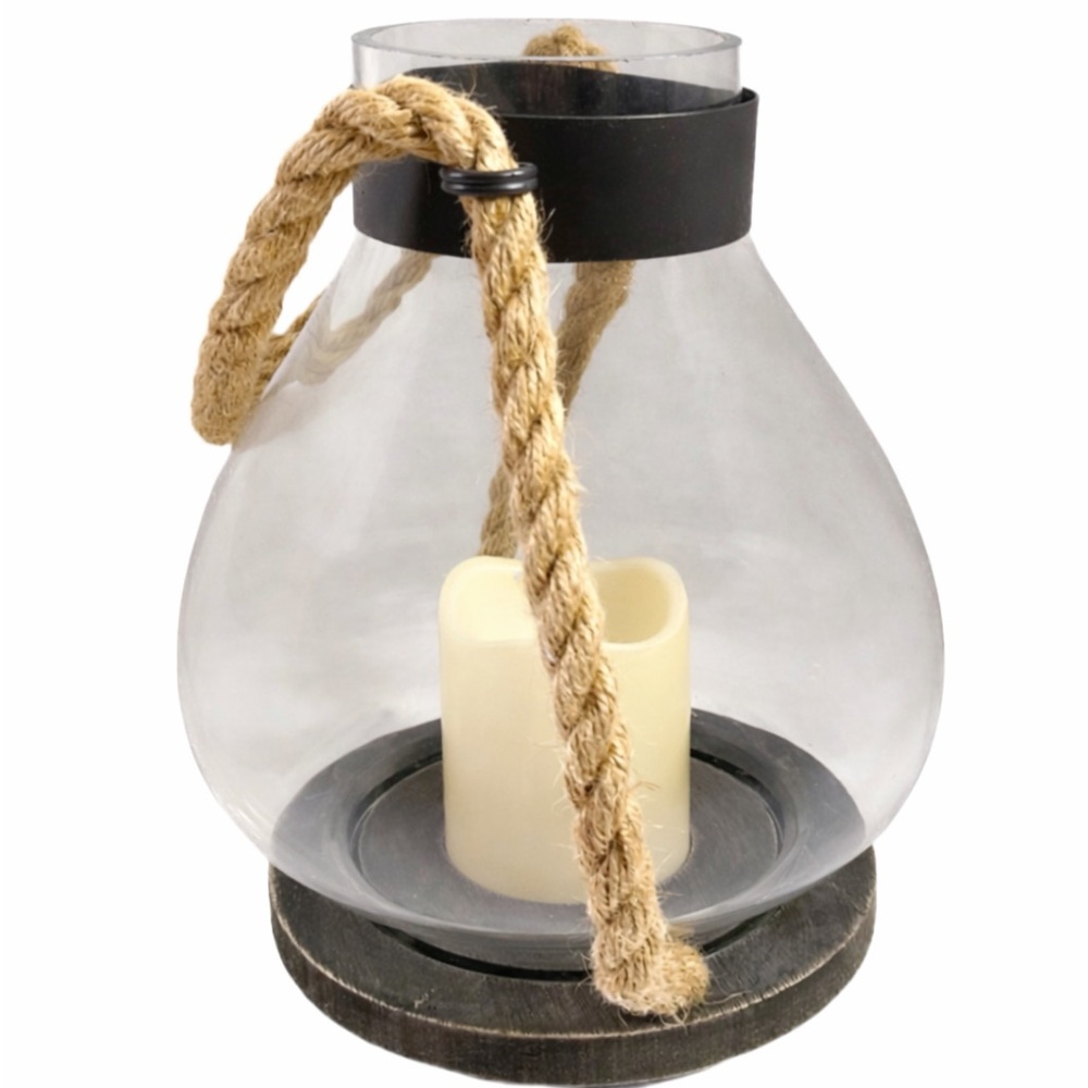 Vintage Style Glass Pedestal Lantern Rope Handle & LED Candle Indoor Outdoor - Picture 8 of 9